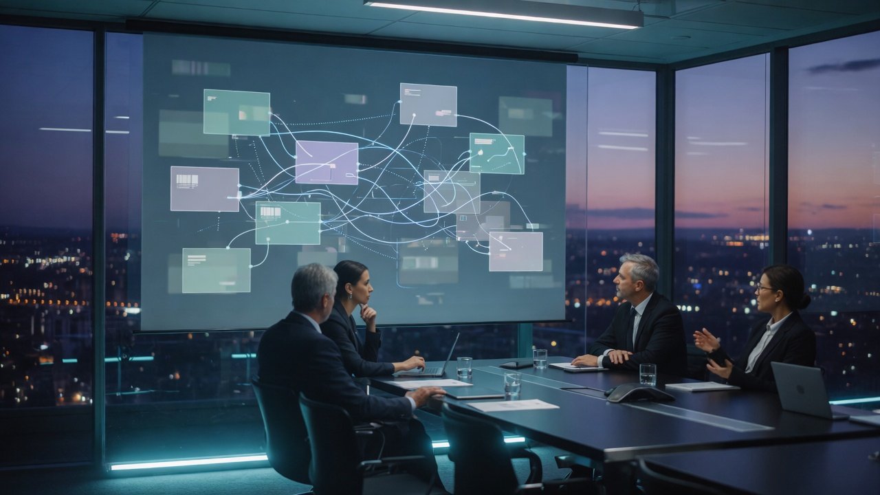 Executives in a glass boardroom review a connected evidence graph on a wall display.