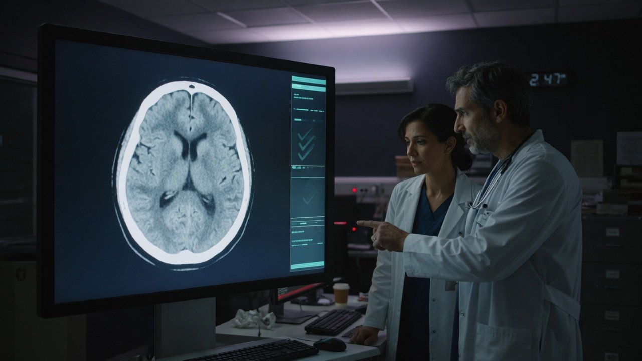 Two physicians review a head CT while an independent check runs beside the image.