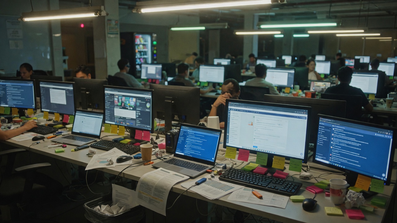 A late-night office of unsanctioned AI chat windows on every desk.
